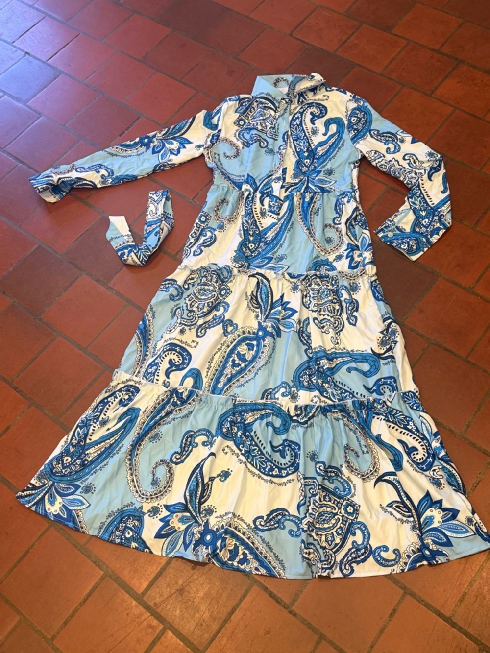Blue Paisley Maxi Shirt Dress with Tie Waist - Picture 7 of 8